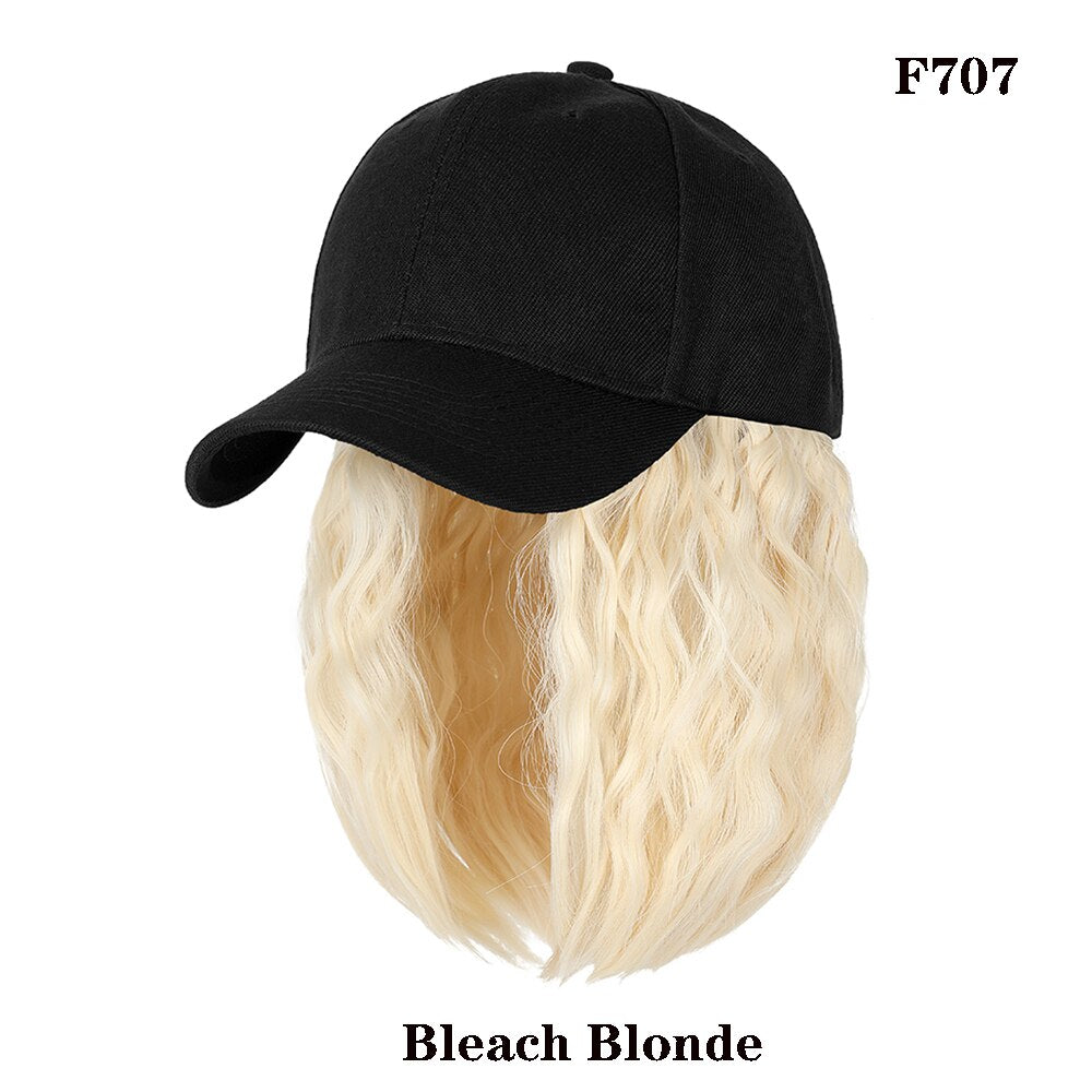 Short Wavy baseball wig Synthetic Natural bob Wig Black hat wigs cap with Hair Naturally Connect Baseball Cap Adjustable