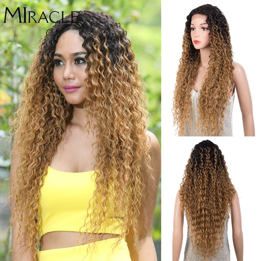 Synthetic Lace Wig Curly 30Inch Afro Kinky Curly Lace Natural Wave Blonde Wig High Temperature Fiber Hair