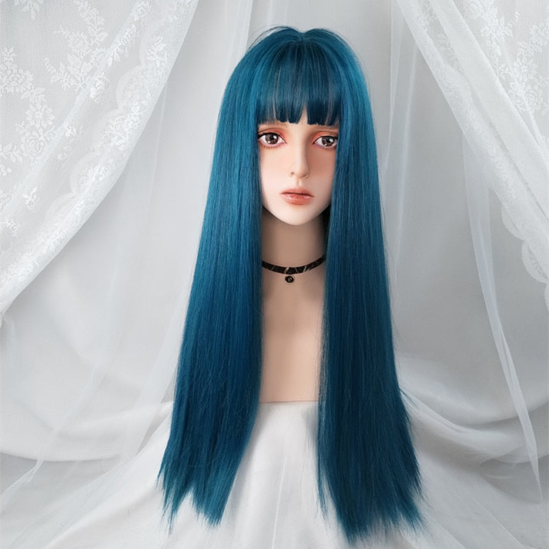 Cosplay Wig With Bangs Synthetic Straight Hair 24 Inch Long Heat-Resistant Pink Wig
