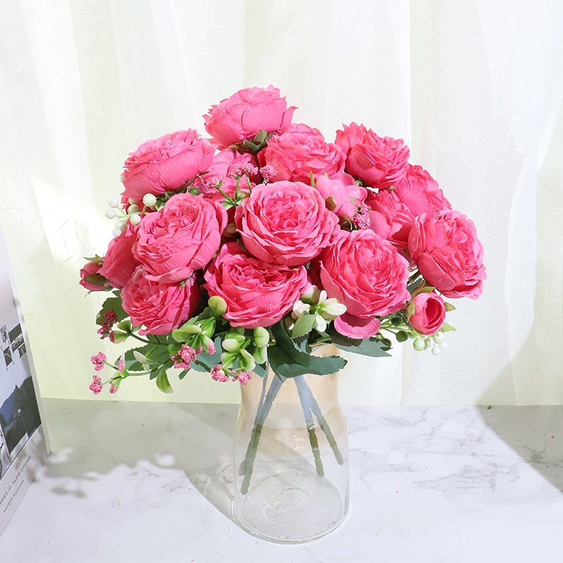 Beautiful Rose Peony Artificial Silk Flowers Small White Bouquet Home Party Winter Wedding Decoration Fake Flowers