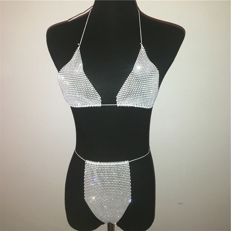 Bling Rhinestones Fishnet Bikini Women Halter Bra Sexy Panty 2 Piece Outfits Lady Lingerie Set Sexy Swimwear Women