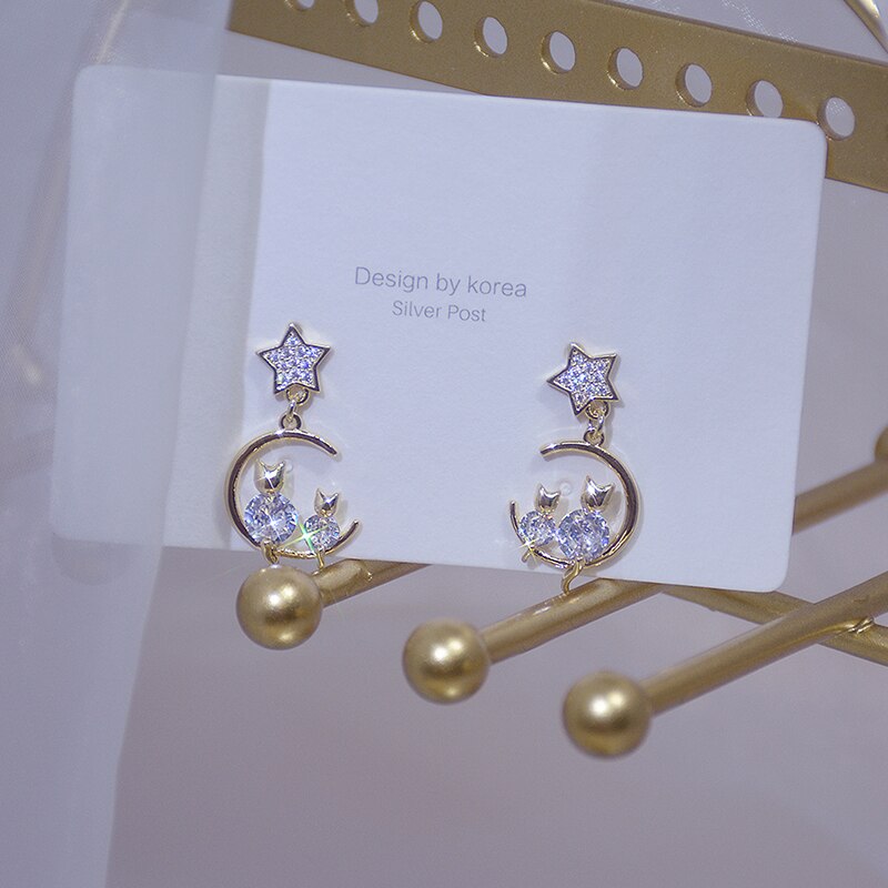Cute Little Cat Shine Diamond Earring Zircon 14K Real Gold Stud Earring Daily Anniversary Star Jewelry Pendant