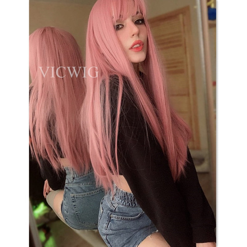 Cosplay Wig With Bangs Synthetic Straight Hair 24 Inch Long Heat-Resistant Pink Wig
