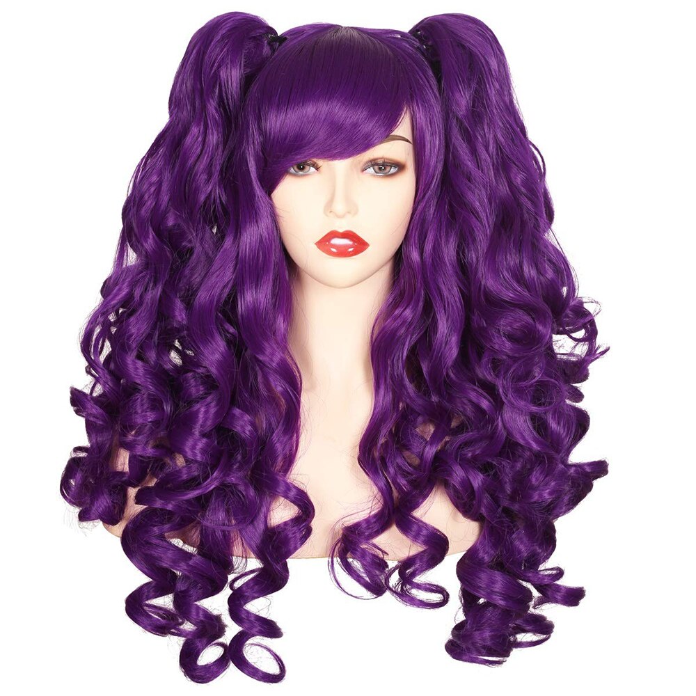 Long Curly Hair Ponytail Lolita Cosplay Lady Synthetic Wig Double Ponytail Detachable Black Gold Pink Purple Gradient Wig