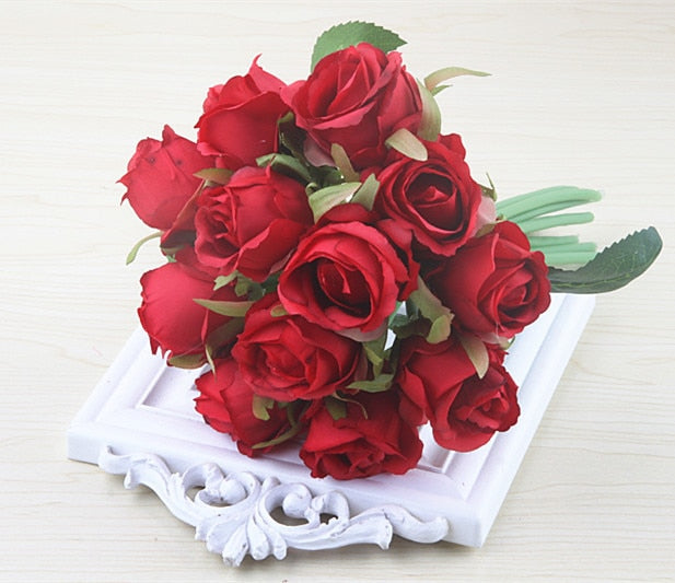 12 Heads/Bundle Artificial Rose Flowers Bride Bouquet Wedding Decorative Vase for Home Decoration Party Supplies Flores