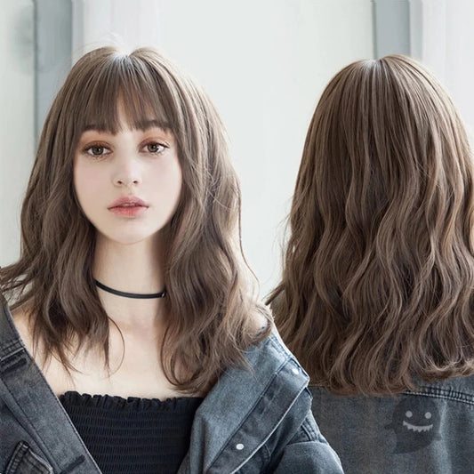 Synthetic Wigs For Women Daily Cosplay Long Water Wave  Lolita Wig With Bangs Cold Brown Heat Resistant Hair Bob Wig