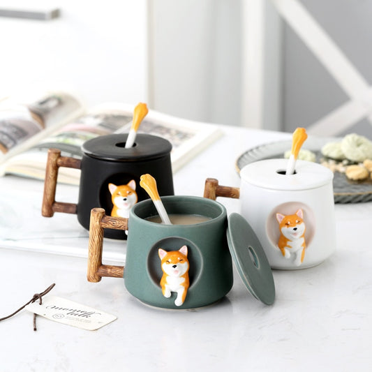 Cartoon ceramic cup creative mug with lid spoon Three-dimensional dog home drinking cup coffee milk juice breakfast cup