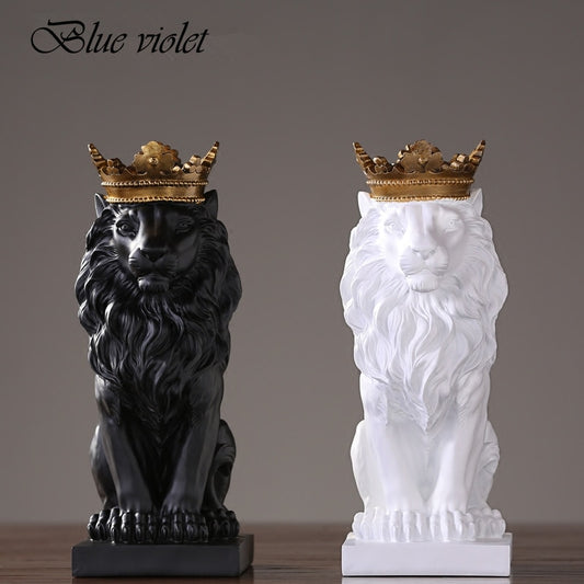 Modern Resin Animal Statue Golden Crown Black Lion Figurine for Home Decoration Accessories Home Decor