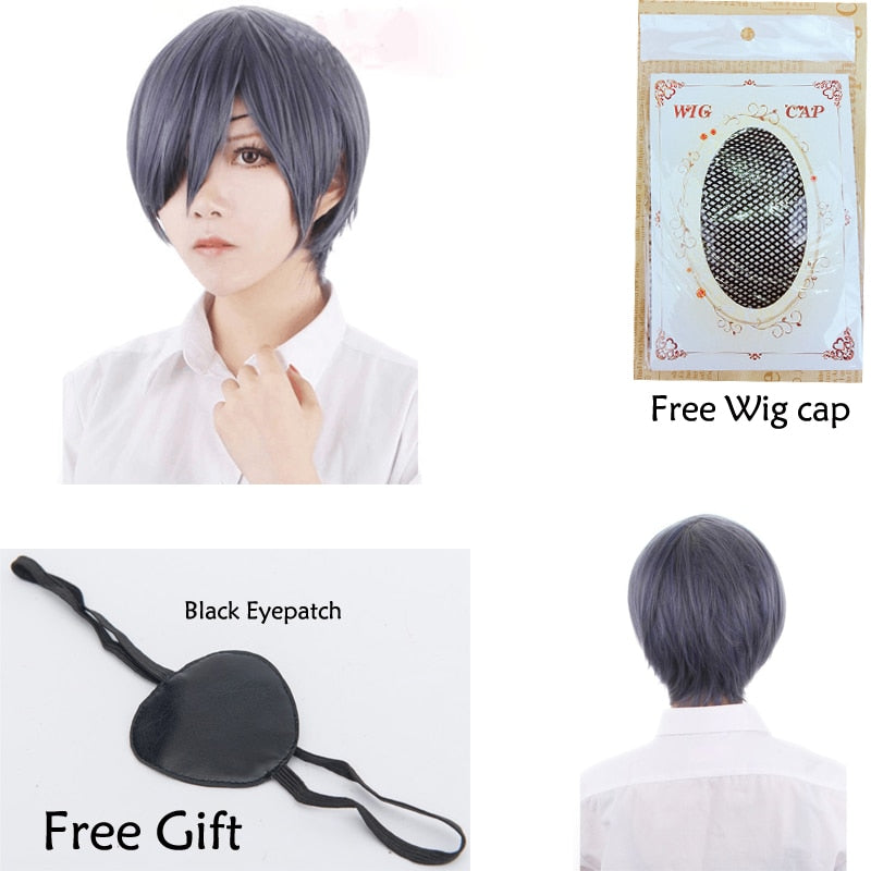 Anime Black Butler Kuroshitsuji Ciel Phantomhive Wigs Grey Blue Mix Short Synthetic Hair Cosplay Wig + Black Eyepatch+ Wig Cap