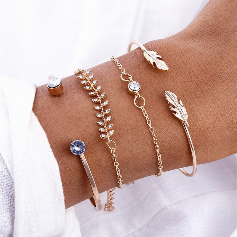 4Pcs/Set Geometric Crystal Charm Bracelets for Women Leaf Bangles Bracelets Set Wrist Chain Boho Bracelet