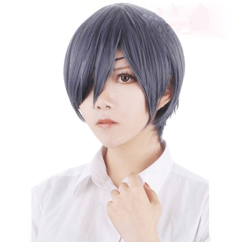 Anime Black Butler Kuroshitsuji Ciel Phantomhive Wigs Grey Blue Mix Short Synthetic Hair Cosplay Wig + Black Eyepatch+ Wig Cap