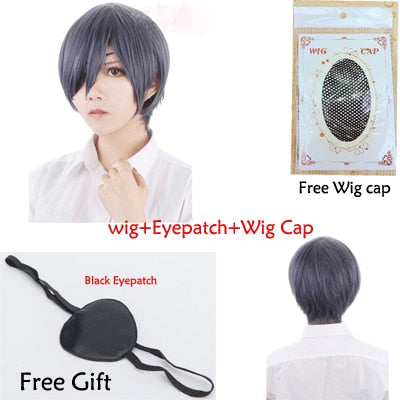 Anime Black Butler Kuroshitsuji Ciel Phantomhive Wigs Grey Blue Mix Short Synthetic Hair Cosplay Wig + Black Eyepatch+ Wig Cap