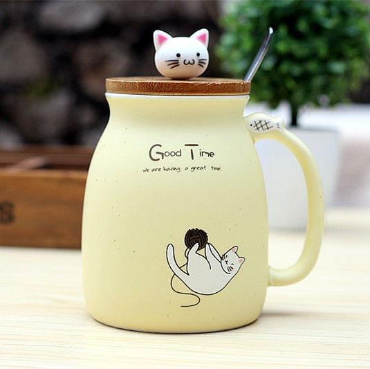 450ml Cartoon Ceramics Cat Mug With Lid and Spoon Coffee Milk Tea Mugs Breakfast Cup Drinkware Gifts
