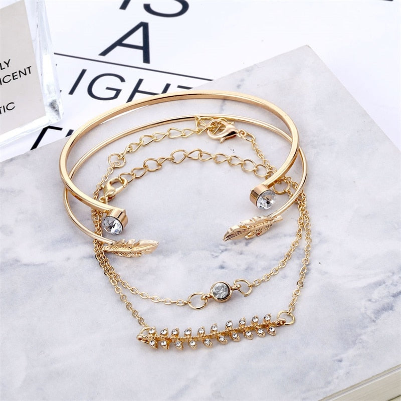 4Pcs/Set Geometric Crystal Charm Bracelets for Women Leaf Bangles Bracelets Set Wrist Chain Boho Bracelet