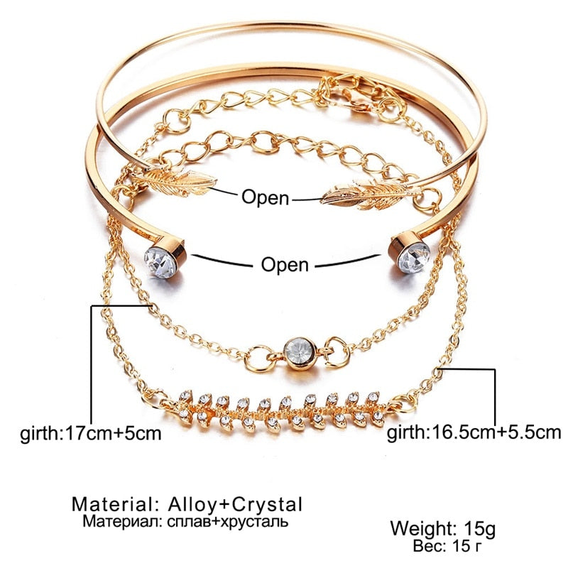 4Pcs/Set Geometric Crystal Charm Bracelets for Women Leaf Bangles Bracelets Set Wrist Chain Boho Bracelet