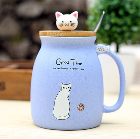 450ml Cartoon Ceramics Cat Mug With Lid and Spoon Coffee Milk Tea Mugs Breakfast Cup Drinkware Gifts