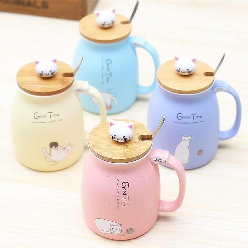 450ml Cartoon Ceramics Cat Mug With Lid and Spoon Coffee Milk Tea Mugs Breakfast Cup Drinkware Gifts
