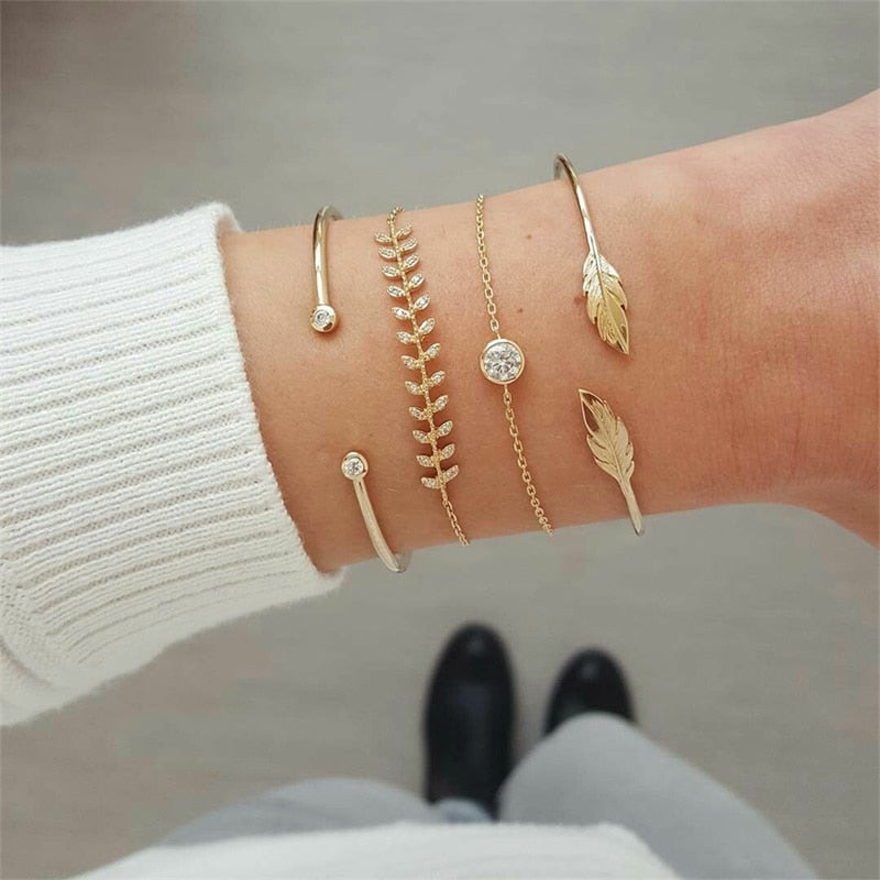 4Pcs/Set Geometric Crystal Charm Bracelets for Women Leaf Bangles Bracelets Set Wrist Chain Boho Bracelet
