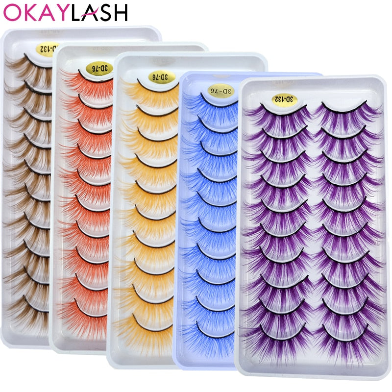 10Pairs Red Blue Brown White 3D Colored False Eyelashes Vegan Silk Makeup Rainbow Cilias Colorful Fake Lashes