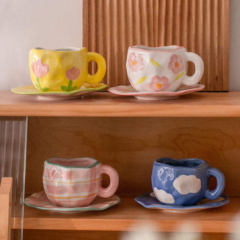 Japanese Hand Painted The Blue Sky and White Clouds Coffee Cup With Saucer Ceramic Handmade Tea Cup Saucer Set Cute Gift For Her