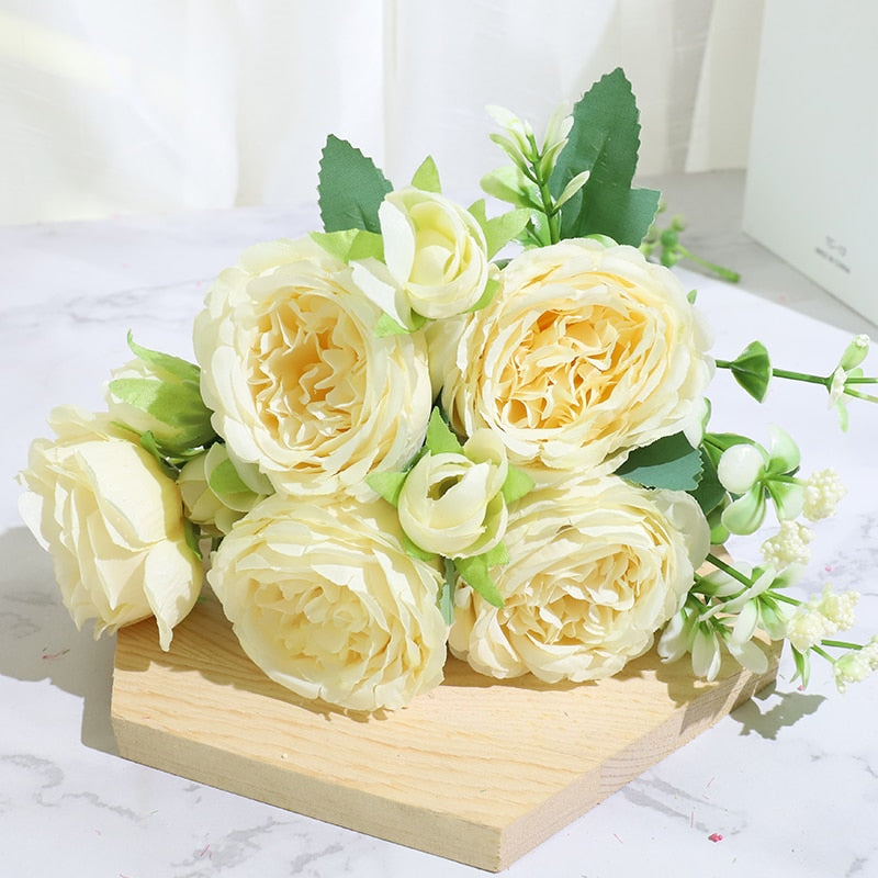 Beautiful Rose Peony Artificial Silk Flowers Small White Bouquet Home Party Winter Wedding Decoration Fake Flowers