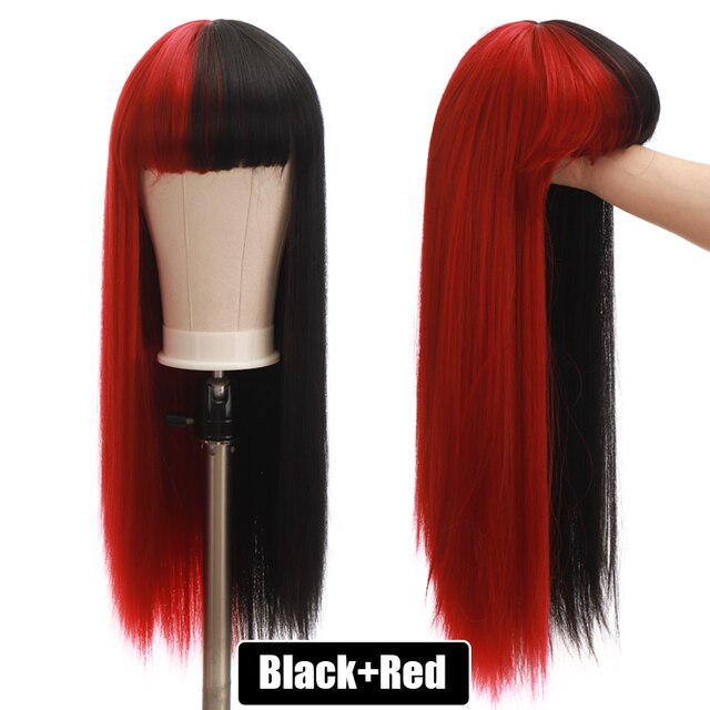 Synthetic Hair Black and Pink Wig Long Straight Hair Cosplay Lolita Wig Two Tone Ombre Color Women Heat Resistant Wigs