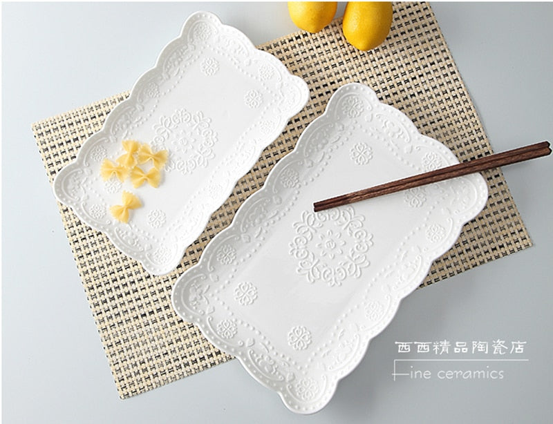 10inch white embossed porcelain vintage plate for buffet serving, ceramic japanese plates sushi dinnerware square