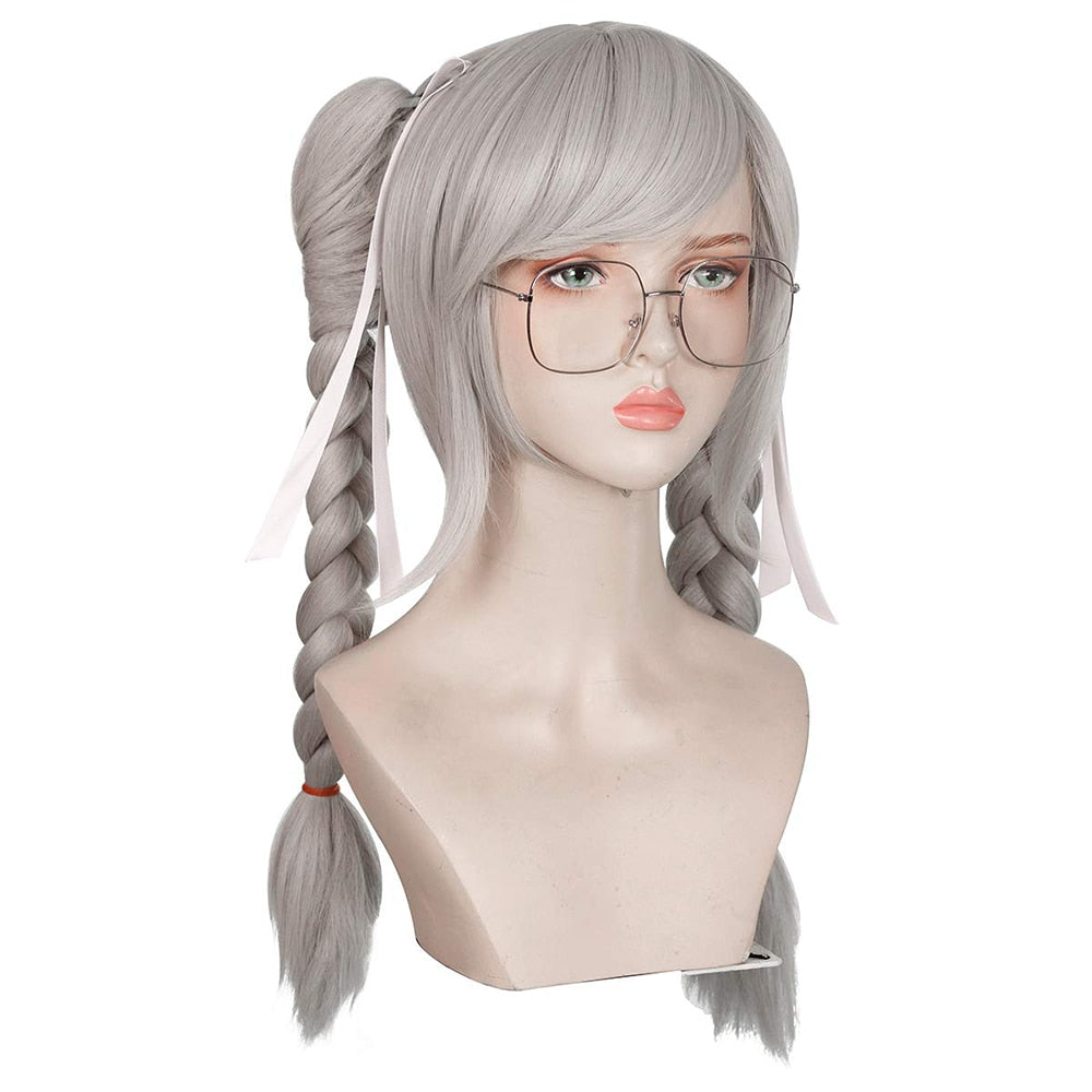 Anime Danganronpa Dangan Ronpa Peko Pekoyama Silver and White Double Ponytail Braided Cosplay Halloween Synthetic Wig