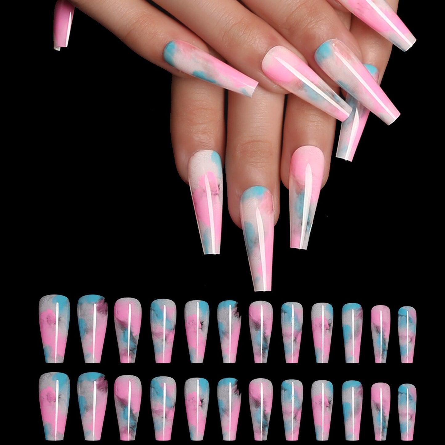 24/30Pcs Pink Leopard Designs False Nails French Long Coffin Fake Nail Artificial Full Cover Nail Art Tips Press on Nail