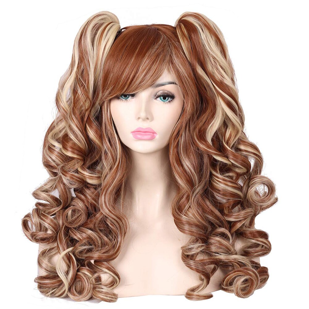 Long Curly Hair Ponytail Lolita Cosplay Lady Synthetic Wig Double Ponytail Detachable Black Gold Pink Purple Gradient Wig
