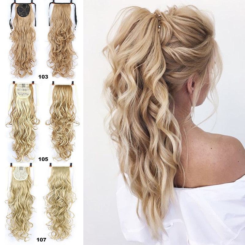Natural Wave Pony Tail Fake Hair Extension Heat Resistant Synthetic Long Wavy Wrap Around Clip In Ponytail Hair
