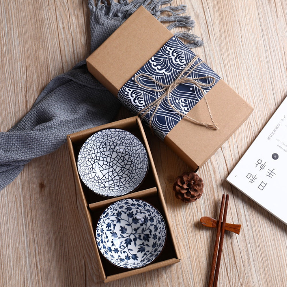 Set of 2 Or 4 Japanese Traditional Ceramic Dinner Bowls 4.5inch 300ml Porcelain Rice Bowls with Gift Box Dinnerware Set  Gift