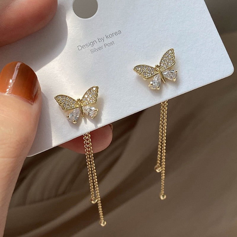 Women Long Tassel Earrings Korean Sweet Butterfly Rhinestone Earring Elegant Geometric Hanging Earring Jewelry