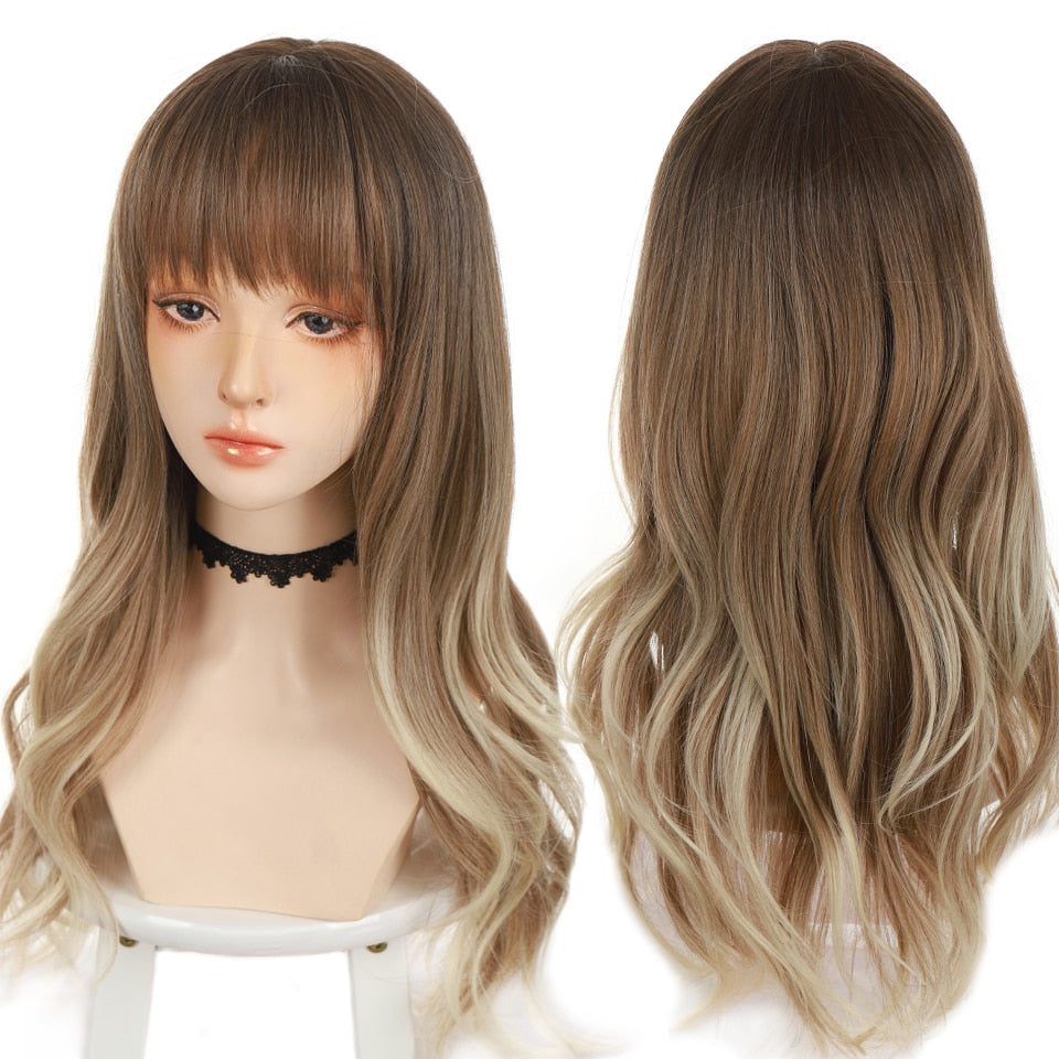 Synthetic Wigs For Women Daily Cosplay Long Water Wave  Lolita Wig With Bangs Cold Brown Heat Resistant Hair Bob Wig