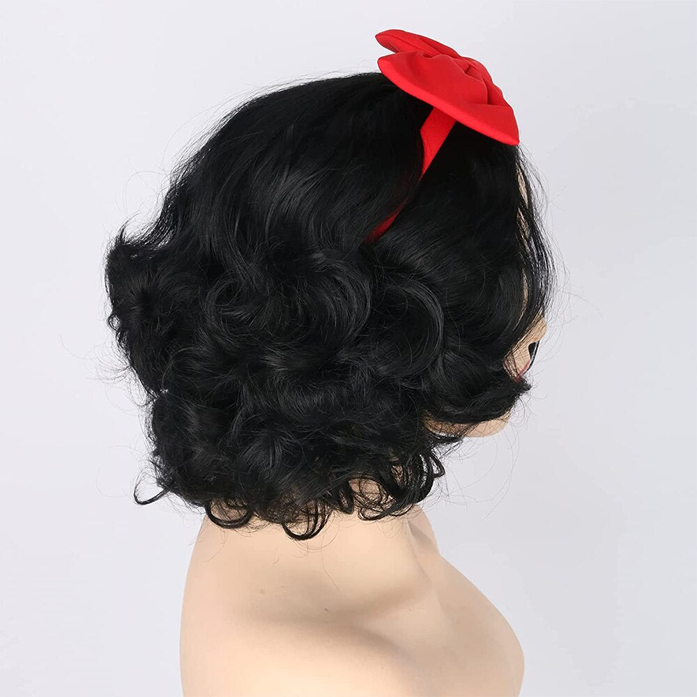 Black Short Curly Cosplay Synthetic Wig Snow White Princess Halloween Costume Party Wig + Headband Red Bow + Wig Cap