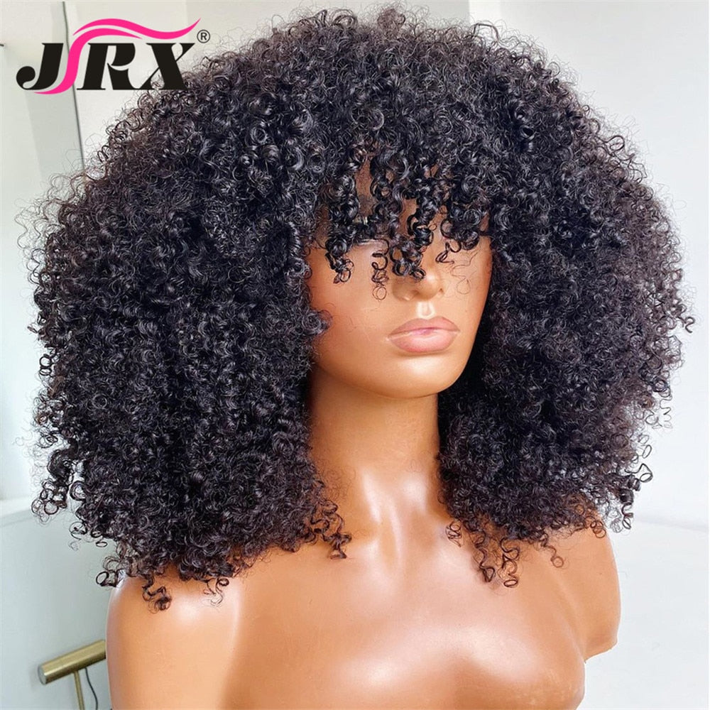 Afro Curly Human Hair Wigs With Bangs Full Machine Made Wig Brazilian Remy Hair Fringe Wig Natural Black Color