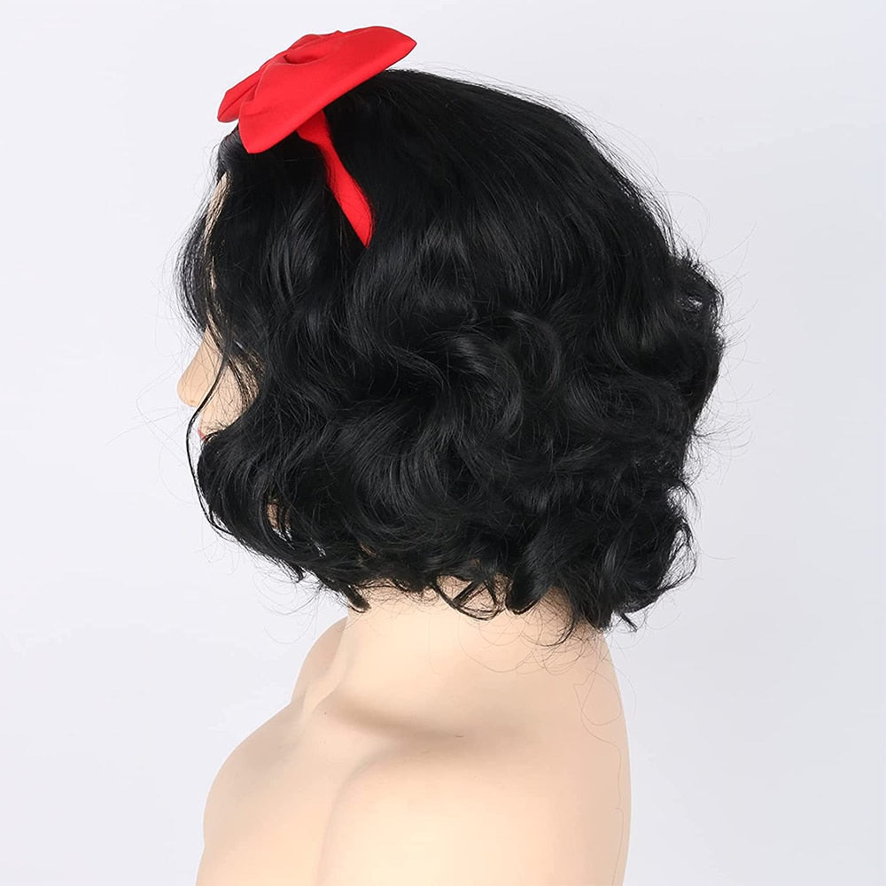 Black Short Curly Cosplay Synthetic Wig Snow White Princess Halloween Costume Party Wig + Headband Red Bow + Wig Cap