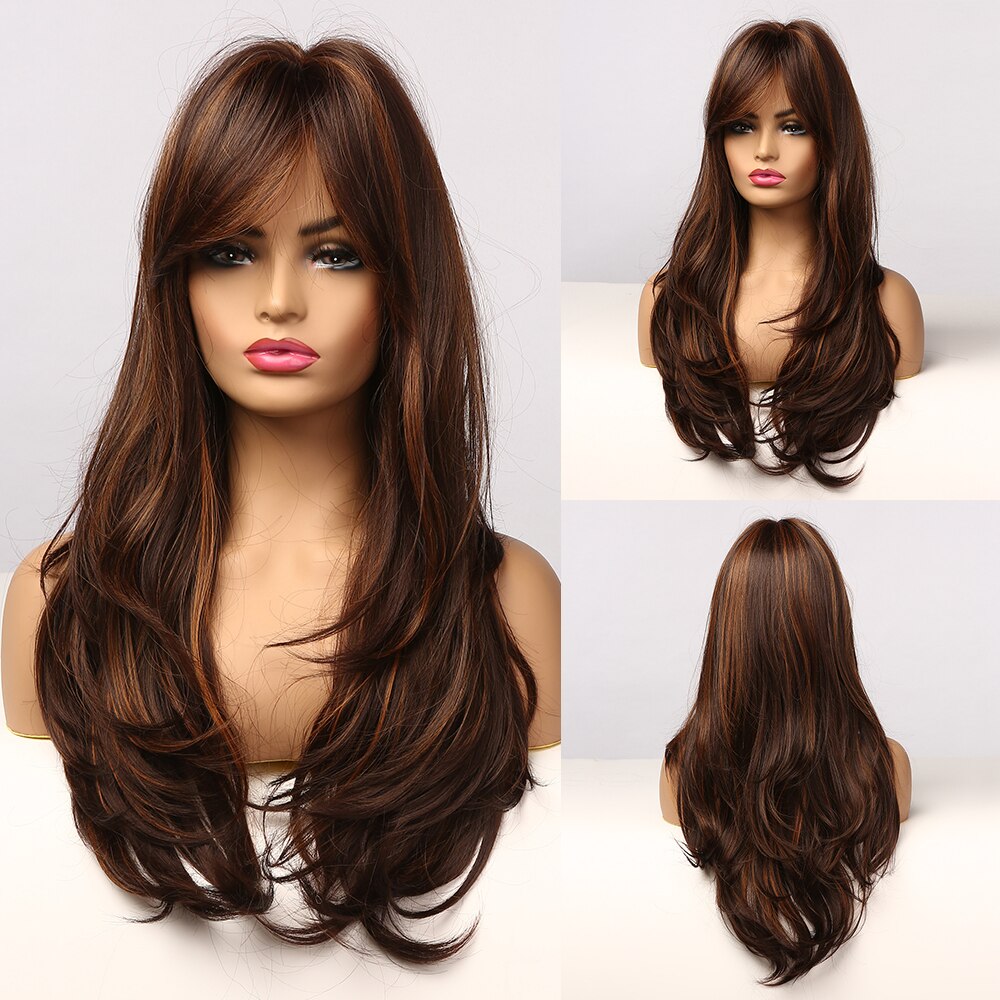 Synthetic Long Wavy Dark Brown Golden Highlight Wig Cosplay Wig with Bangs Heat Resistant