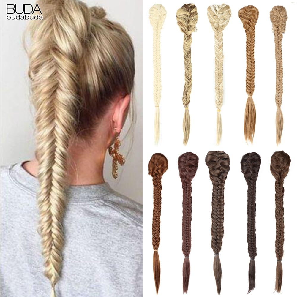 Synthetic Braided Plaited Fishtail Fishbone Drawstring Ponytail 20Inch Long Ombre Blonde Pink Hair Extensions For Women