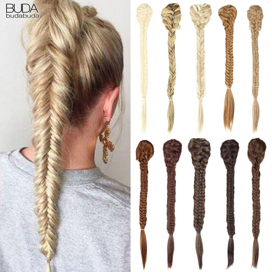 Synthetic Braided Plaited Fishtail Fishbone Drawstring Ponytail 20Inch Long Ombre Blonde Pink Hair Extensions For Women