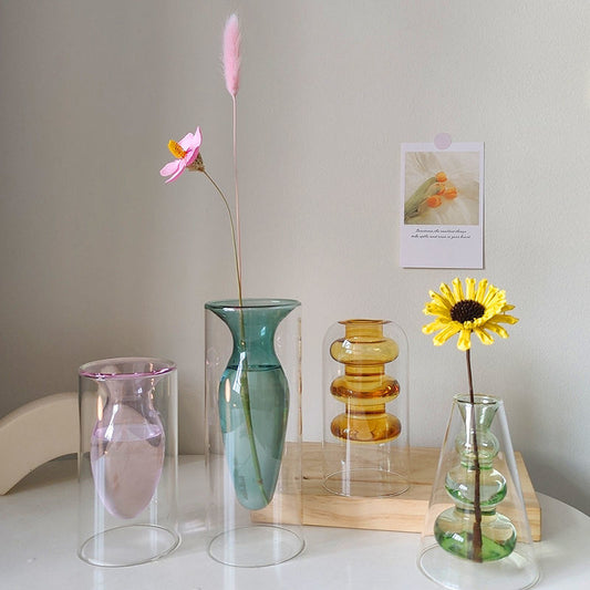 Vase Living Room Decoration Modern Home Decor Terrarium Flower Pots Decorative Transparent Color Art Double Glass Vase