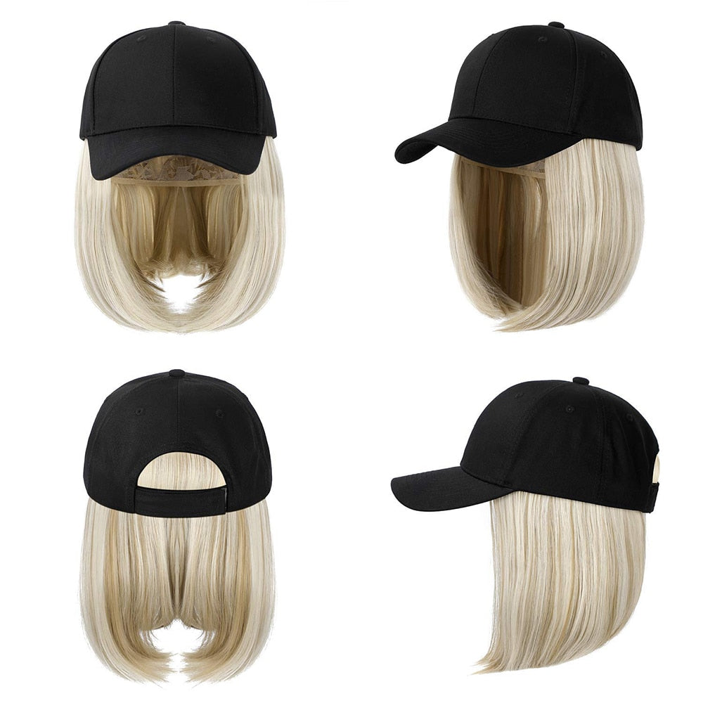 Short Wavy baseball wig Synthetic Natural bob Wig Black hat wigs cap with Hair Naturally Connect Baseball Cap Adjustable