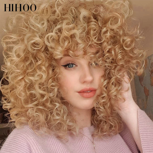 Short Hair Afro Kinky Curly Wigs With Bangs For Women Synthetic Wig Omber Glueless Cosplay Lolita Wig High Temperature