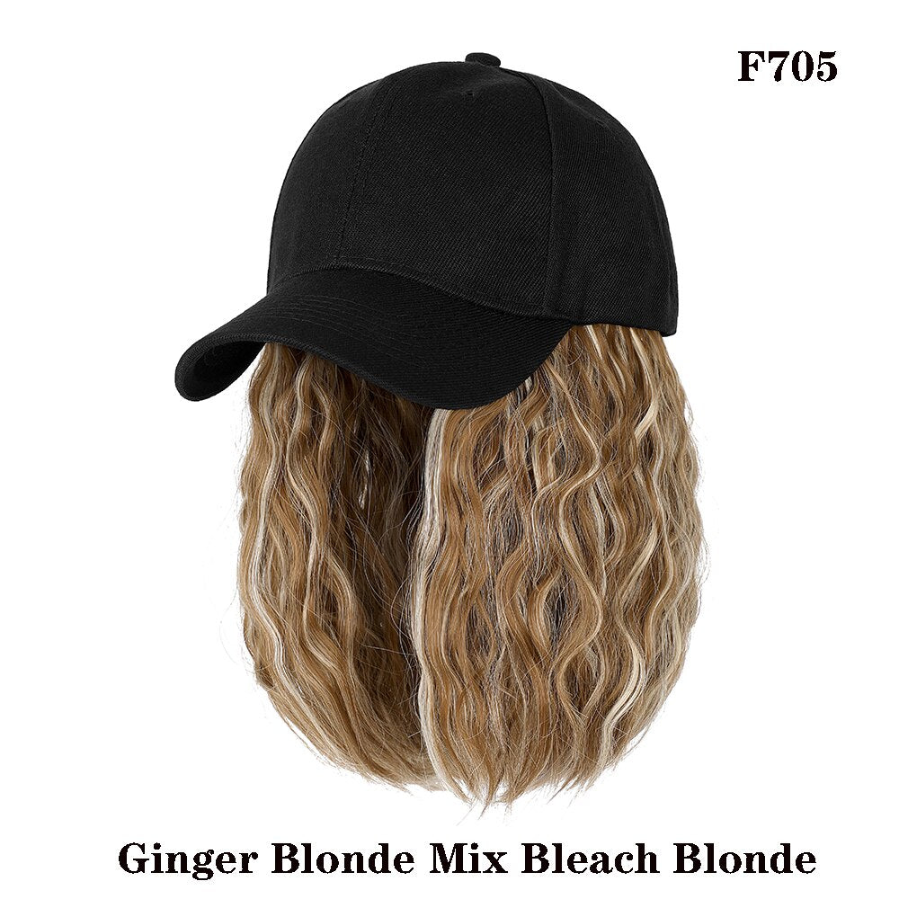Short Wavy baseball wig Synthetic Natural bob Wig Black hat wigs cap with Hair Naturally Connect Baseball Cap Adjustable