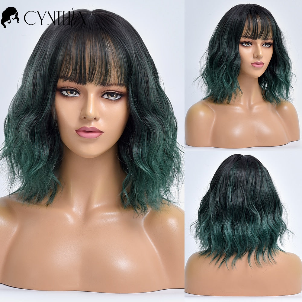 Purple Ombre Short Bob Body Wave Synthetic Wigs For Women Cosplay Wig With Bangs White Synthet Natural Hair Lolita Pelucas