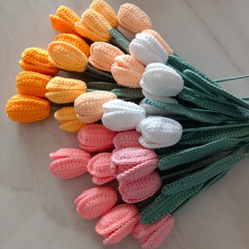 10pcs Hand-knitted Handmade Yarn Crochet Decorative Tulip Flowers Home Decoration
