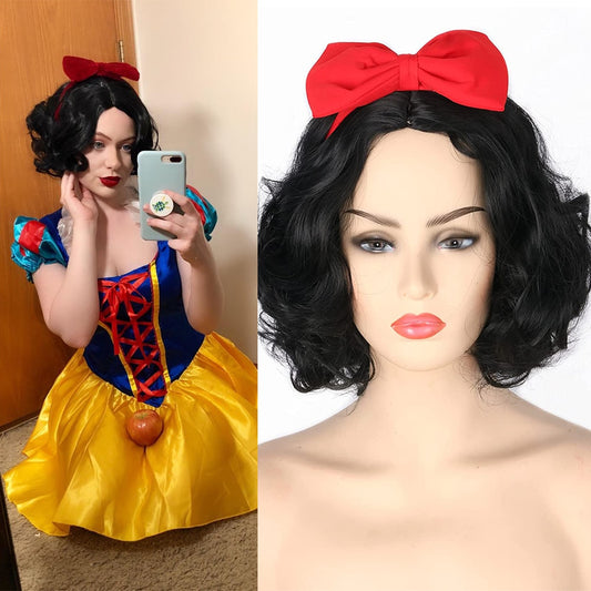 Black Short Curly Cosplay Synthetic Wig Snow White Princess Halloween Costume Party Wig + Headband Red Bow + Wig Cap
