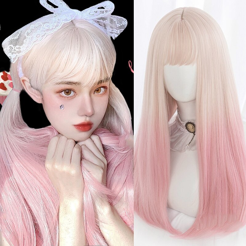 Synthetic Hair Black and Pink Wig Long Straight Hair Cosplay Lolita Wig Two Tone Ombre Color Women Heat Resistant Wigs