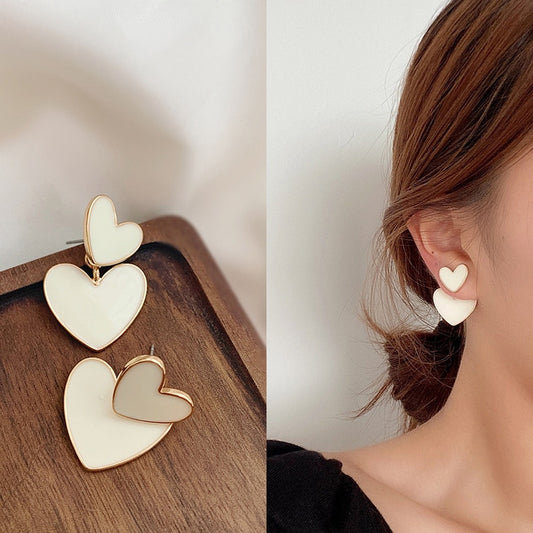 Korean Drop Earrings White Enamel Double Heart Jewelry Earring