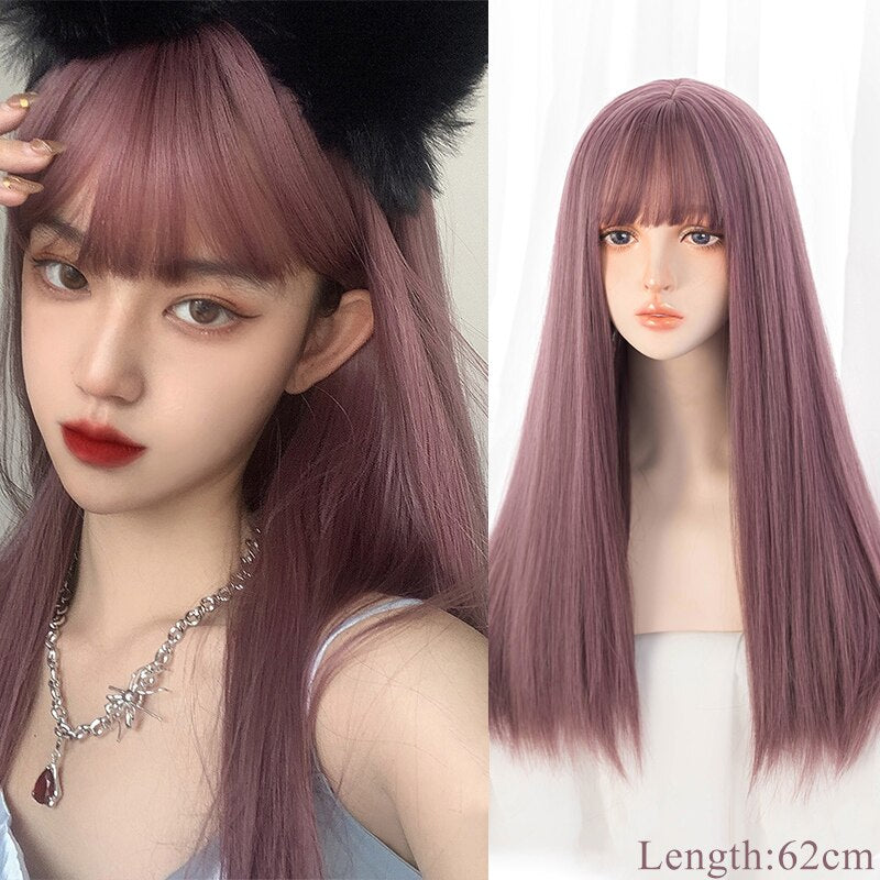 Synthetic Hair Black and Pink Wig Long Straight Hair Cosplay Lolita Wig Two Tone Ombre Color Women Heat Resistant Wigs